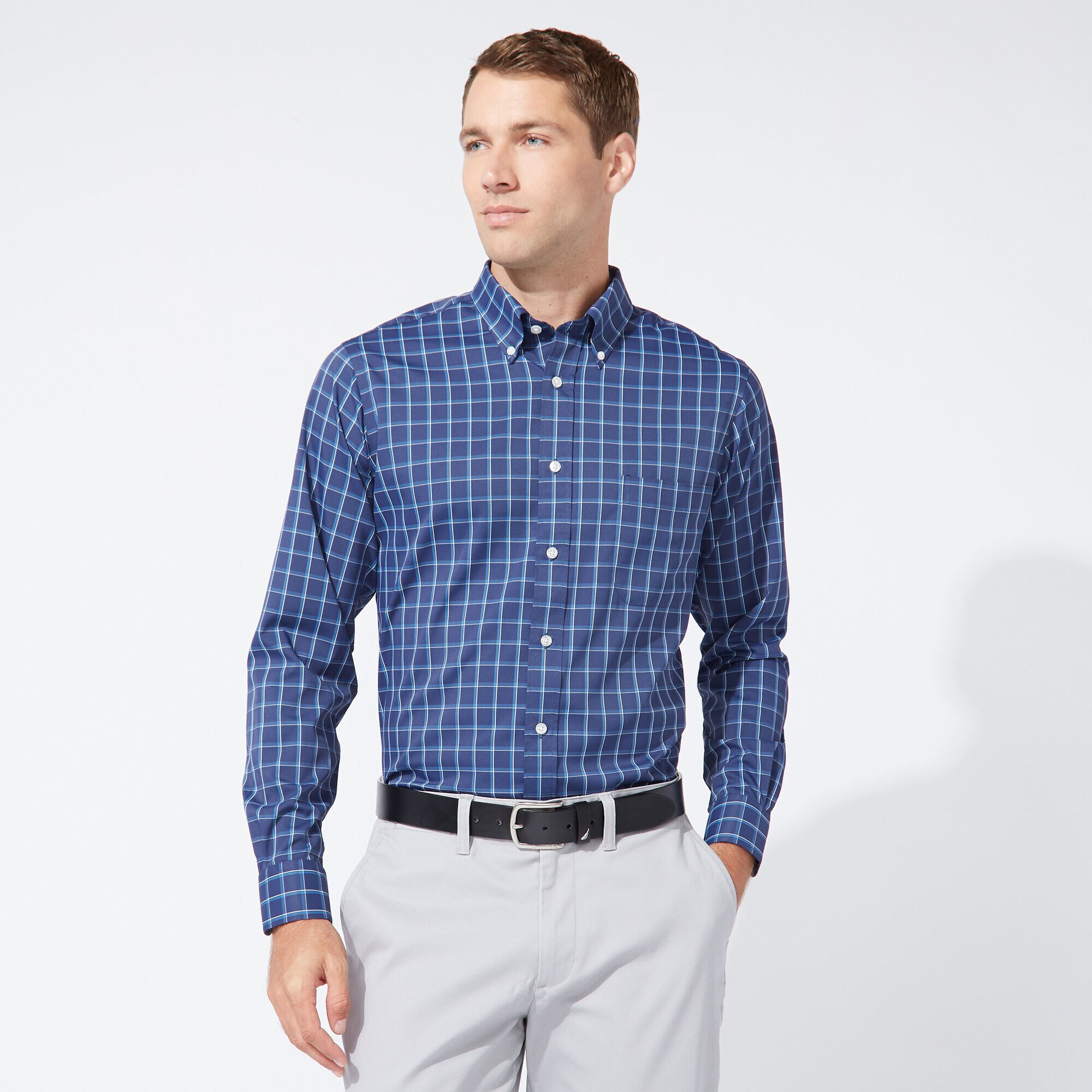 CLASSIC FIT PERFORMANCE TECH SHIRT IN NAVY PLAID,Tugboat Blue,large
