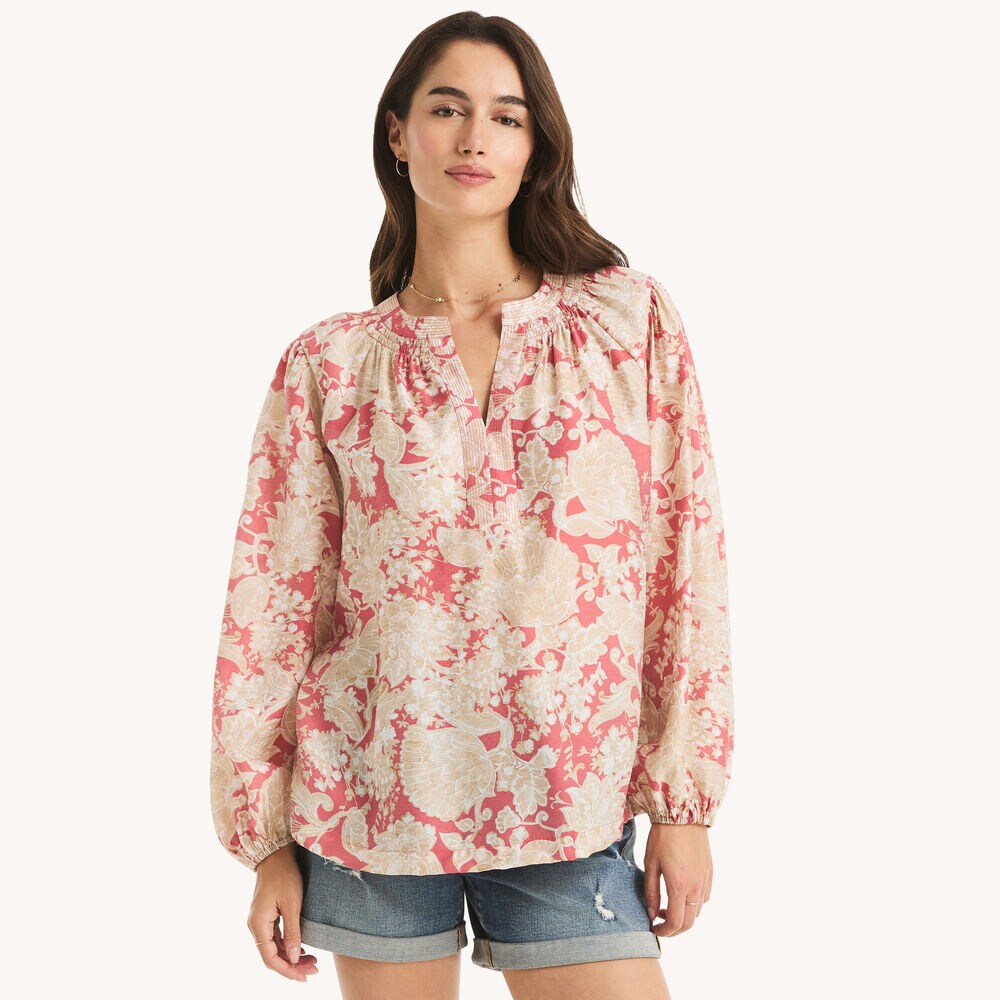 Printed Popover Top,Cranberry,large