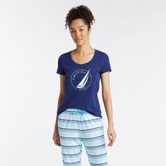 SHORT SLEEVE PAJAMA SET IN SUMMER STRIPE ,Peacoat,large
