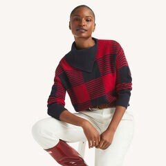 Buffalo Check Split Turtle-Neck Sweater,Navy,large