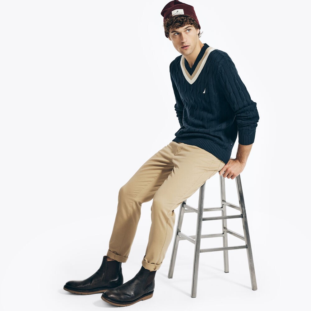 CRICKET CABLE-KNIT V-NECK SWEATER,Navy,large