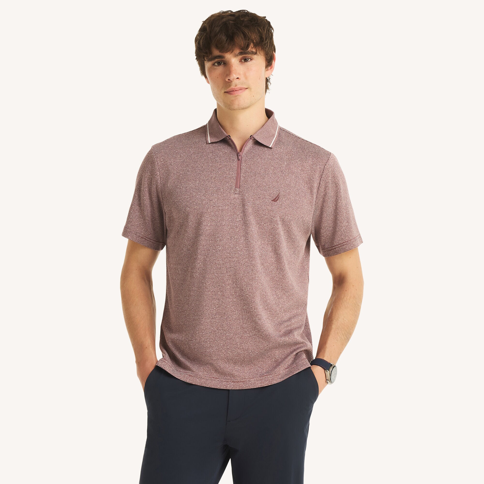 Classic Fit Heathered Zip-Up Polo,Glory Red,large
