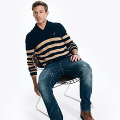 Striped Cable-Knit Sweater,Stellar Blue Heather,large