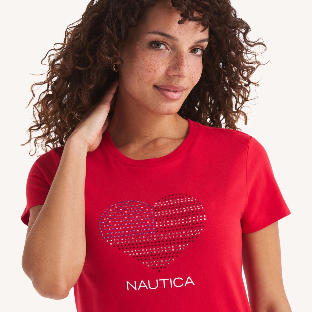 Rhinestone Flag Heart Graphic T-Shirt,Tomales Red,large