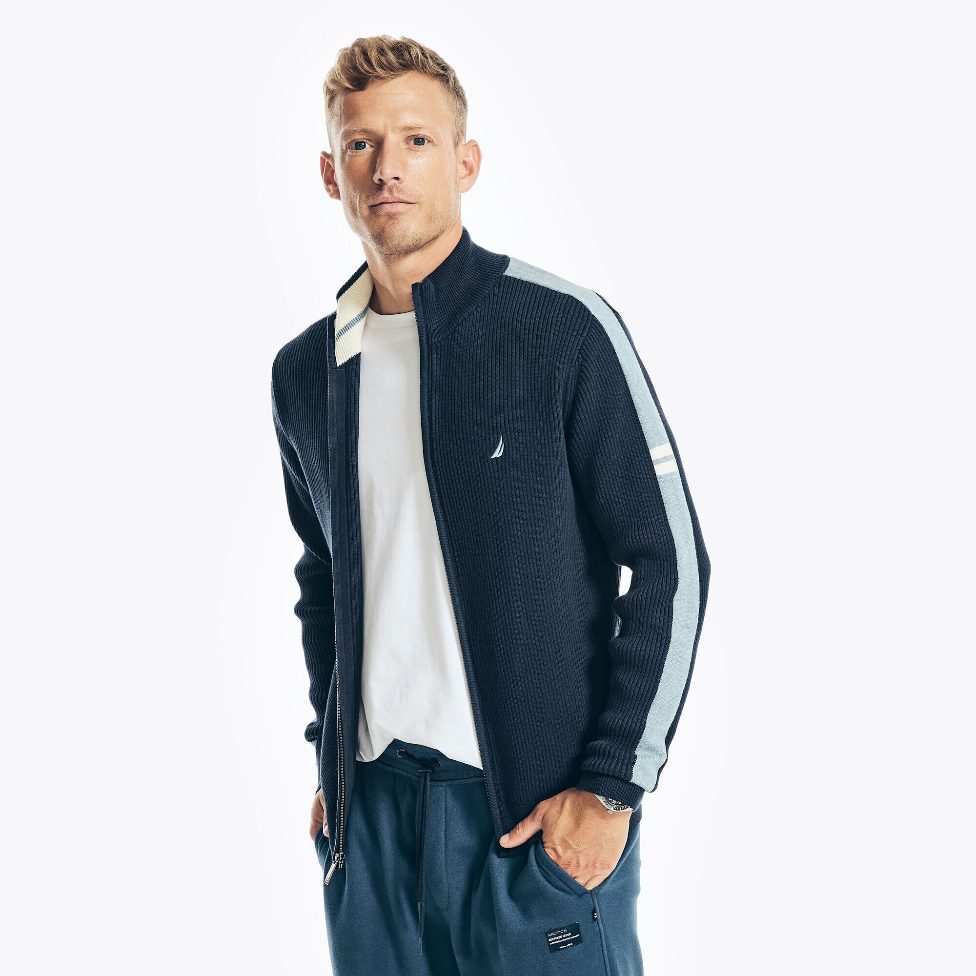 MOCK-NECK FULL-ZIP SWEATER,Navy,large
