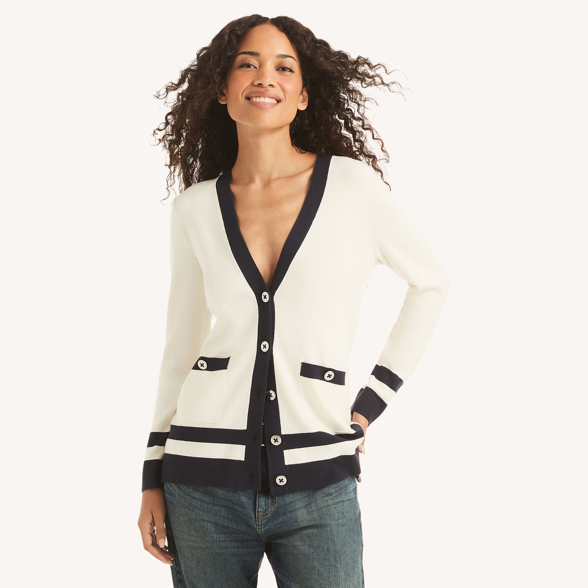 V-Neck Cardigan,White,large
