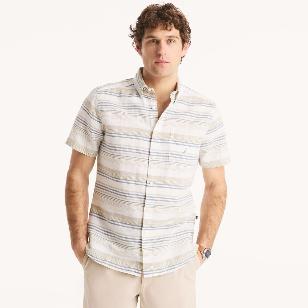 Striped Linen Short-Sleeve Shirt,Sail White,large