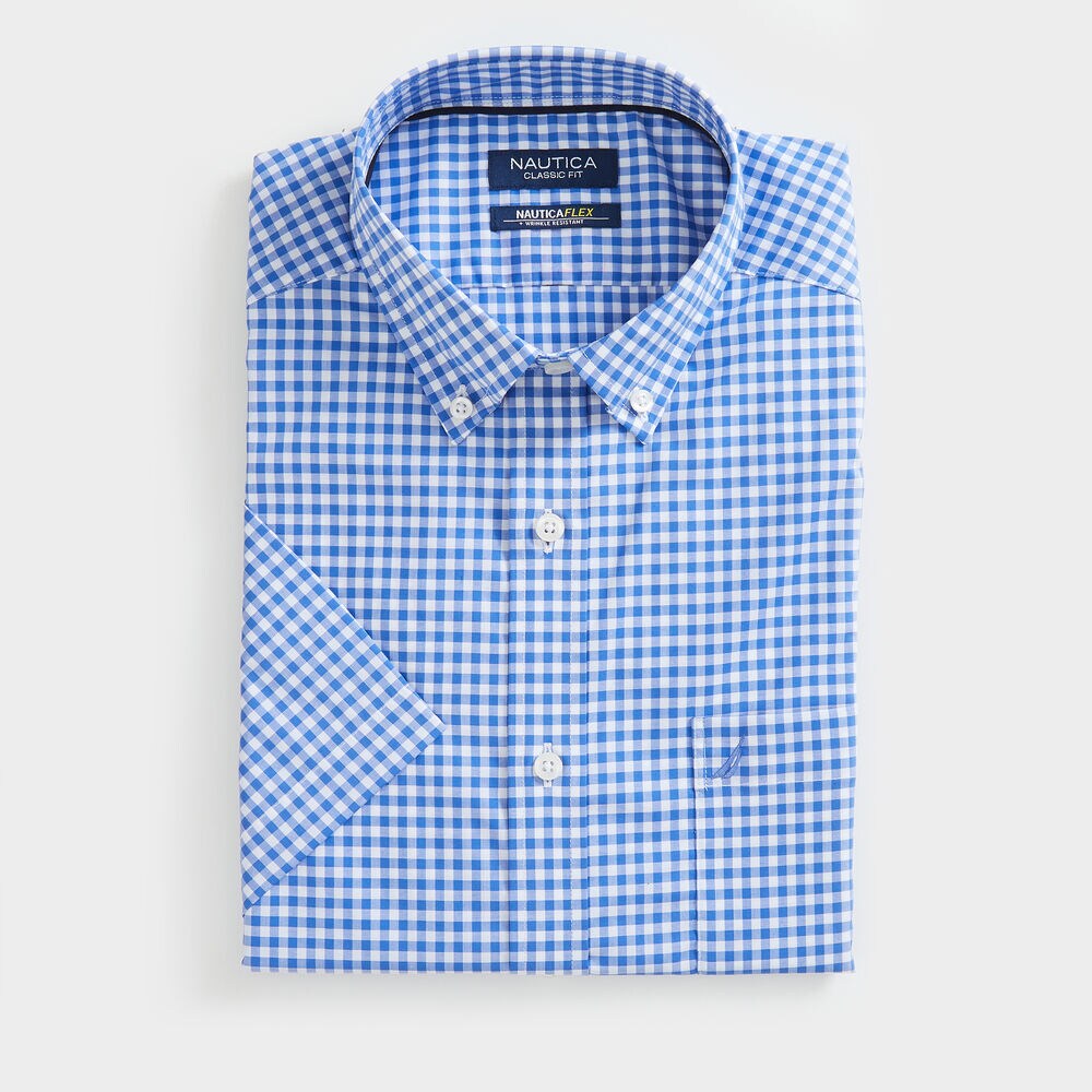 WRINKLE-RESISTANT GINGHAM SHORT-SLEEVE SHIRT,Rolling River Wash,large