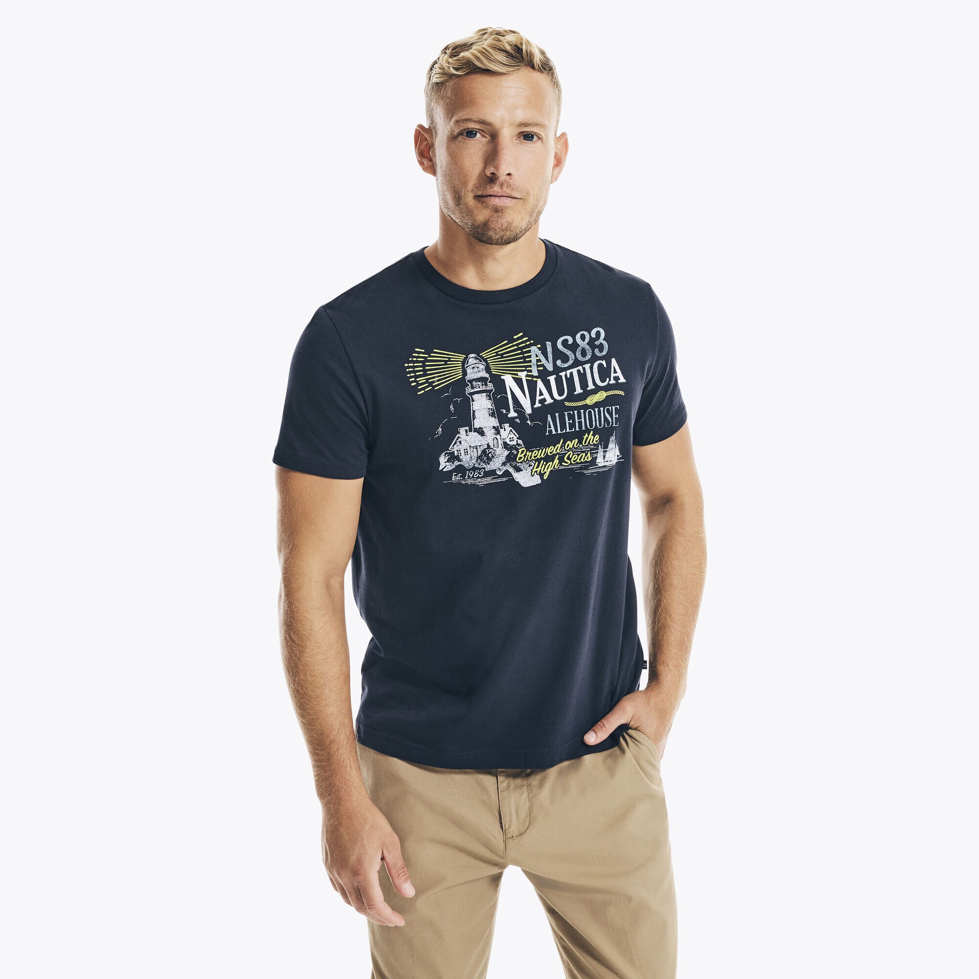 LIGHTHOUSE GRAPHIC T-SHIRT,Navy,large