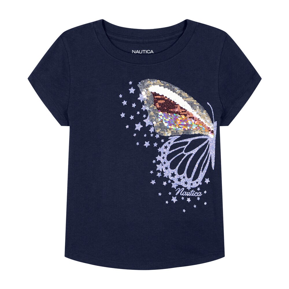 Little Girls' Left Butterfly T-Shirt (4-6X),Navy,large