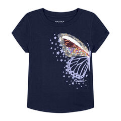 Little Girls' Left Butterfly T-Shirt (4-6X),Navy,large