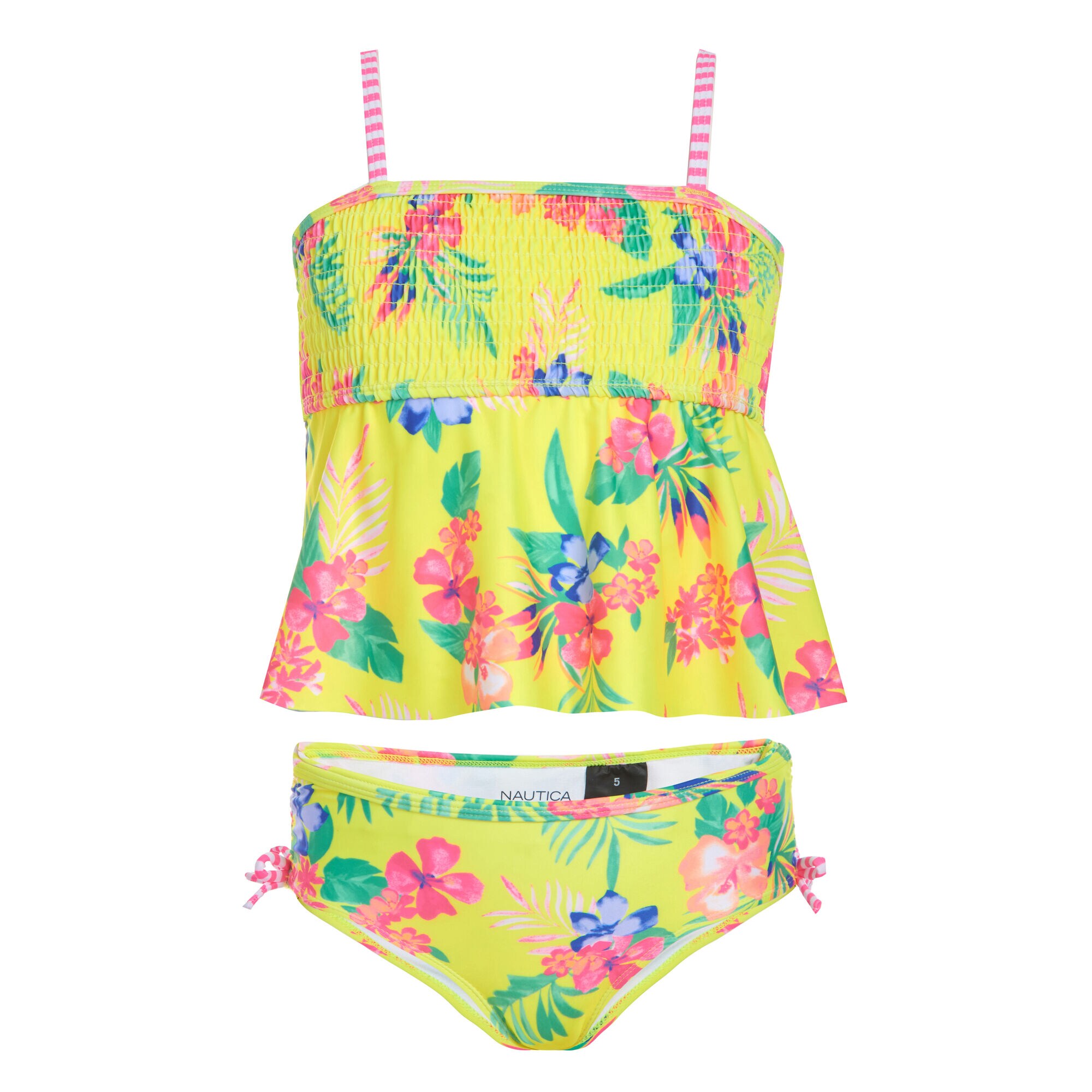 GIRLS' FLORAL PRINT TANKINI SWIMSUIT (8-20),Lemon Twist,large