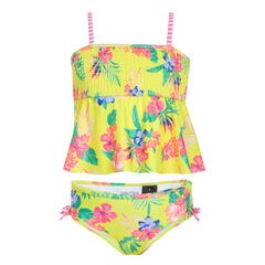 GIRLS' FLORAL PRINT TANKINI SWIMSUIT (8-20),Lemon Twist,large