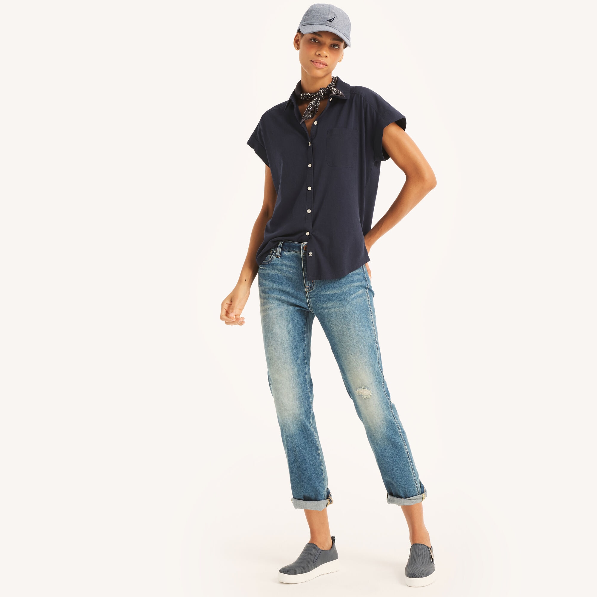 Short-Sleeve Boyfriend Shirt,Stellar Blue Heather,large