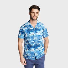 BIG & TALL CAMP COLLAR SHORT SLEEVE PRINTED SHIRT,Alaskan Blue,large