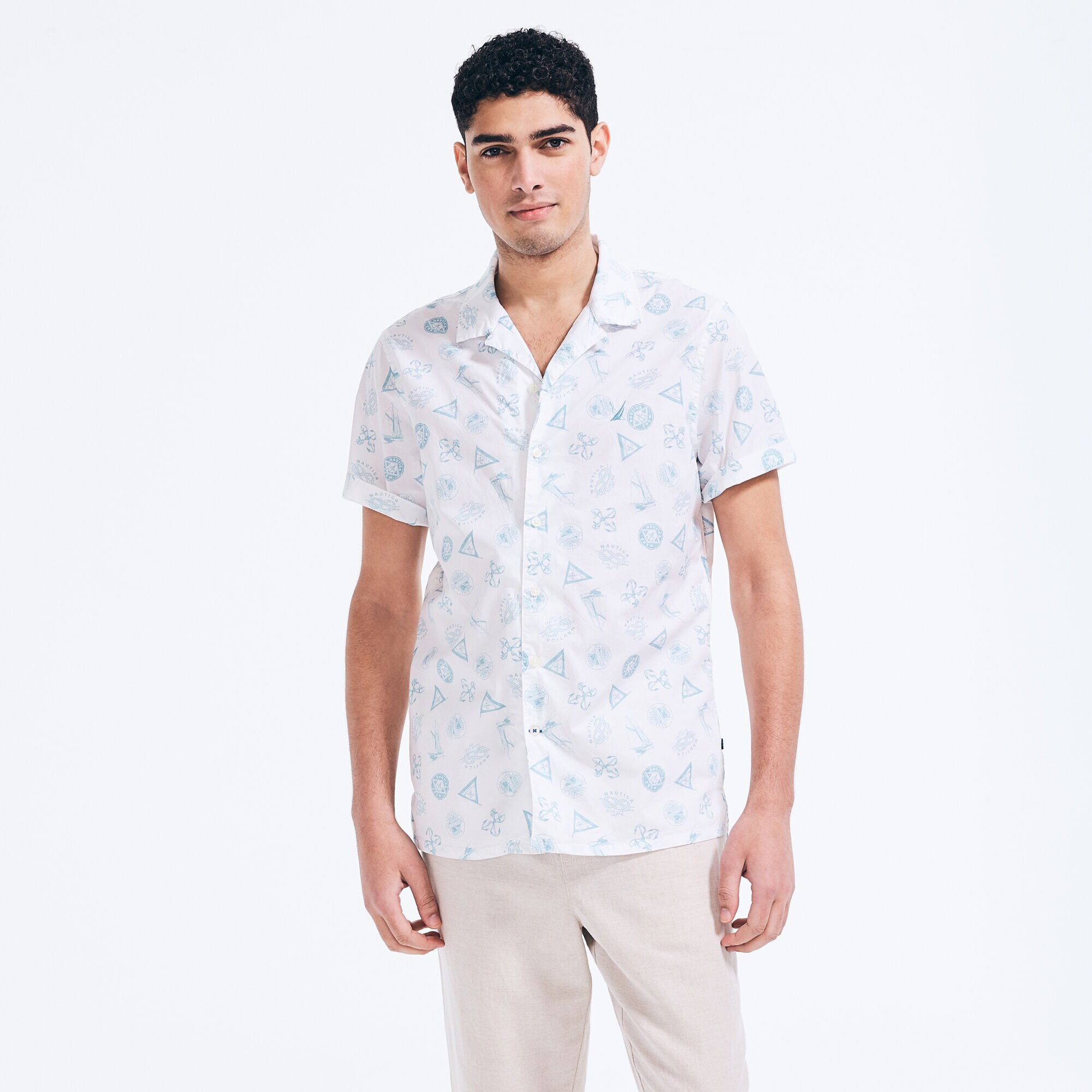 NAUTICAL PRINT SHORT SLEEVE SHIRT,Bright White,large