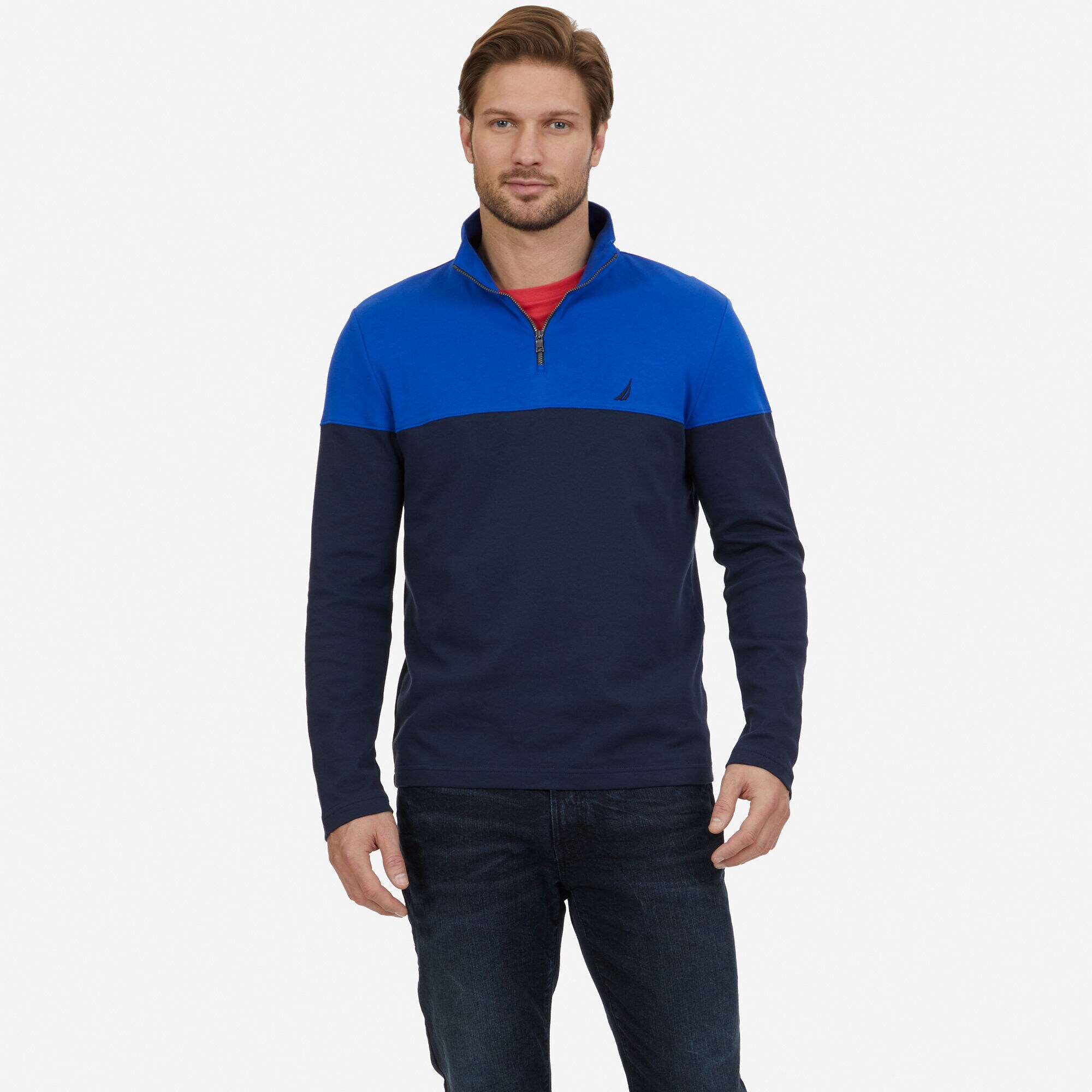 Color Block Quarter-Zip Pullover,Navy,large