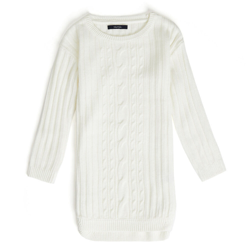 Little Girls' Long Sleeve Cable-Knit Sweater Dress (4-6X),Bright White,large