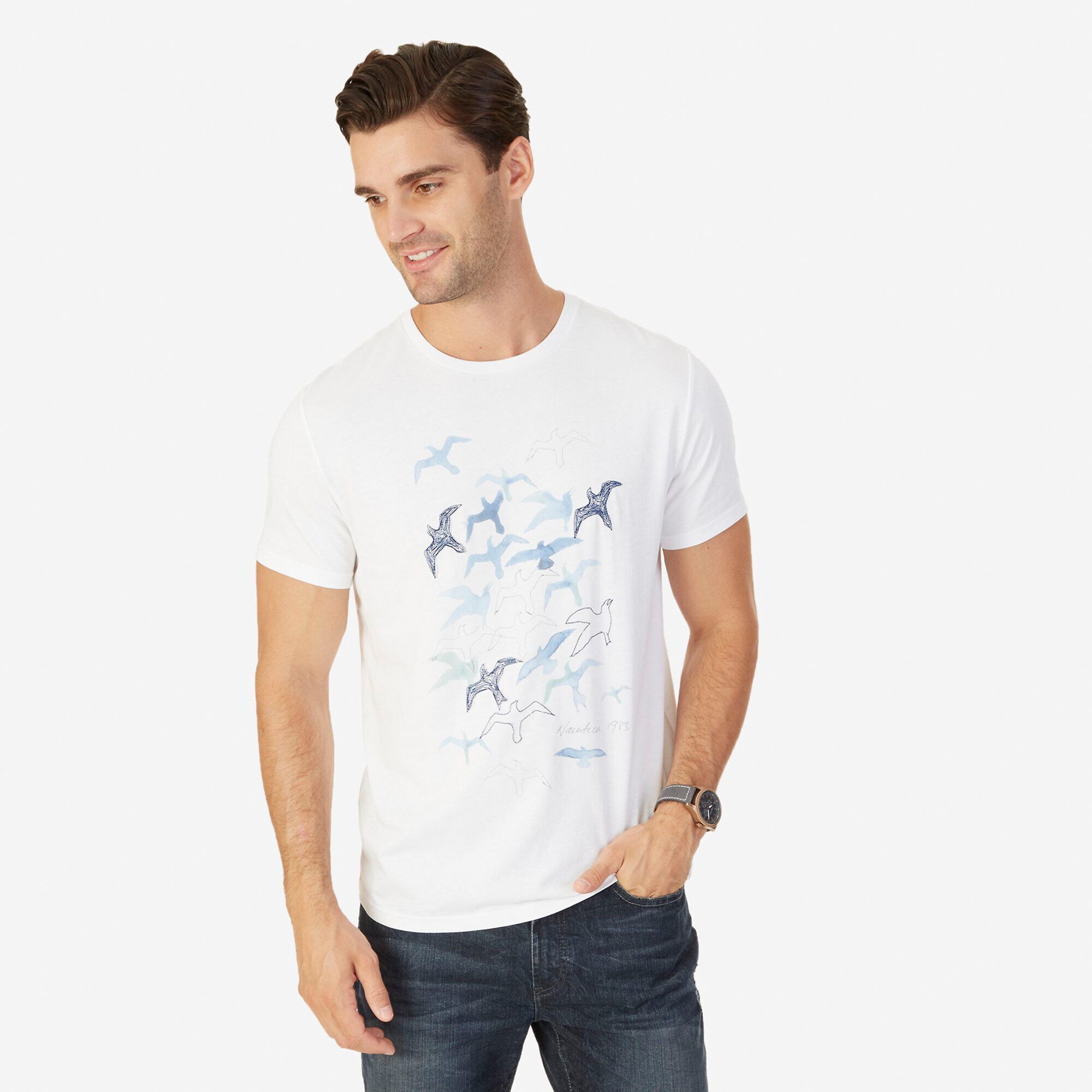  Watercolor Seagulls Graphic T-Shirt,Bright White,large