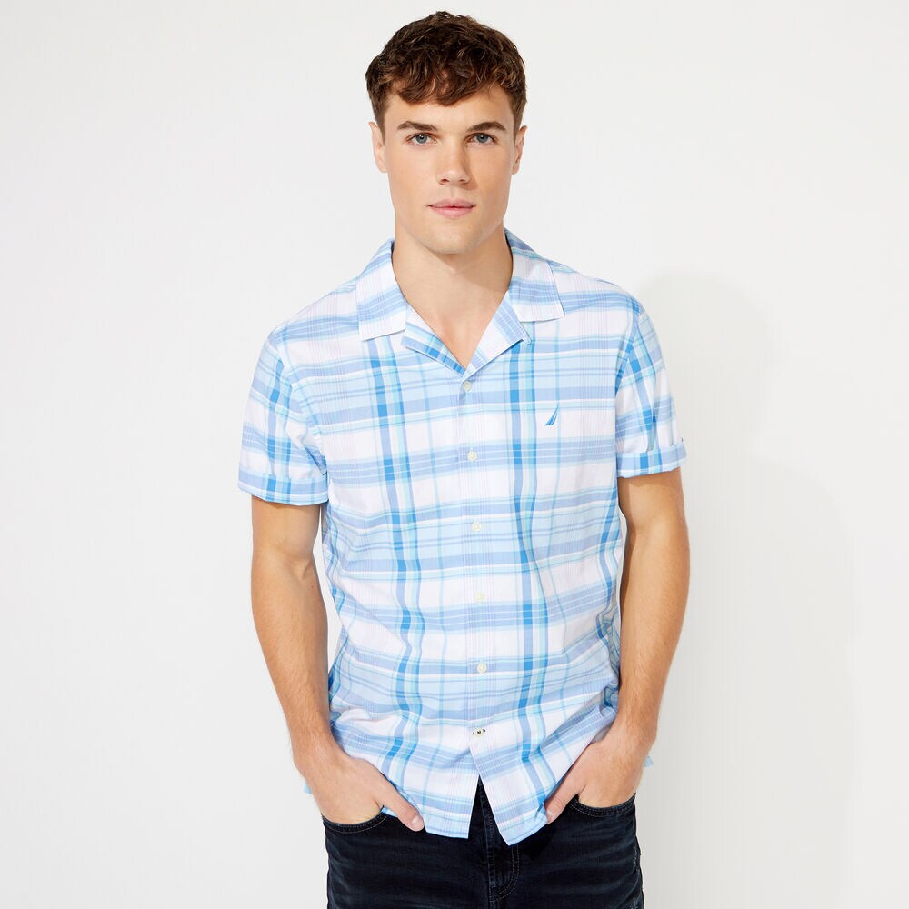 BIG & TALL PLAID SHORT SLEEVE SHIRT,Clear Sky Blue,large