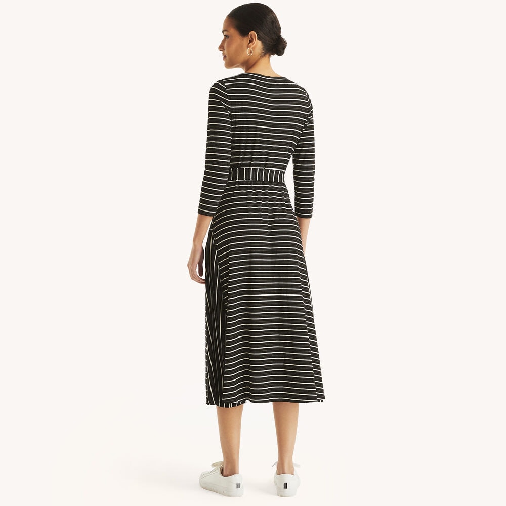 Striped Belted Midi Dress,True Black,large