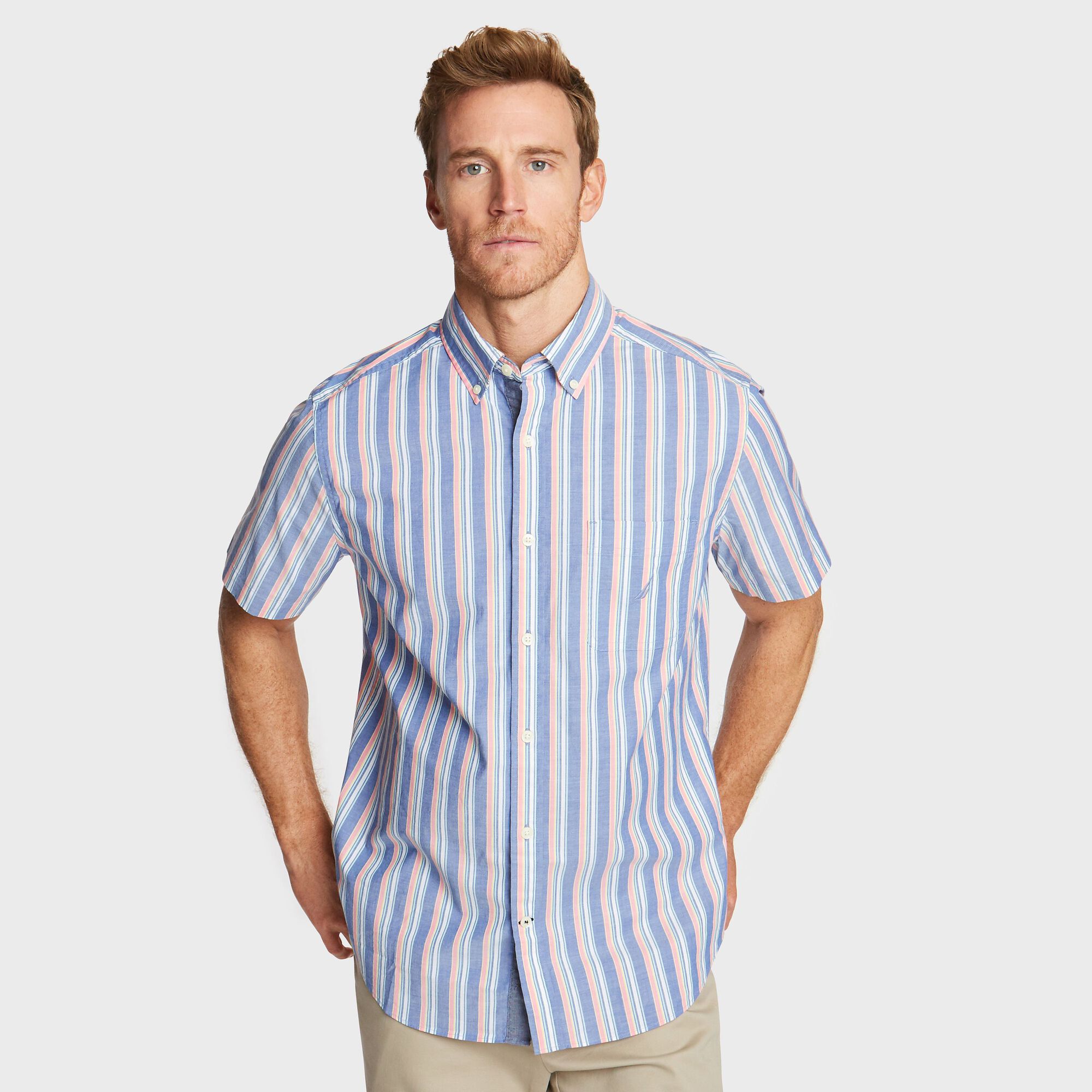 BIG & TALL SHORT SLEEVE SHIRT IN VERTICAL STRIPE,Clear Sky Blue,large