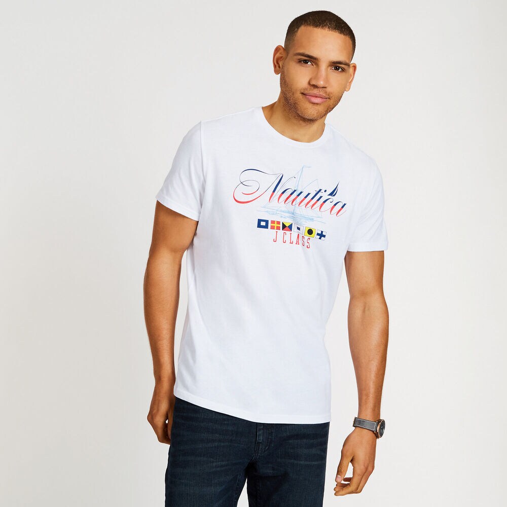 Nautica Sail Flags Crewneck T-Shirt,Bright White,large