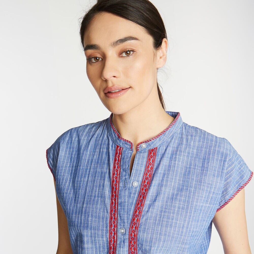 EMBROIDERED COTTON BLOUSE IN YARN DYED STRIPE,Deep Navy Heather,large