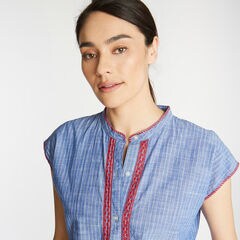 EMBROIDERED COTTON BLOUSE IN YARN DYED STRIPE,Deep Navy Heather,large