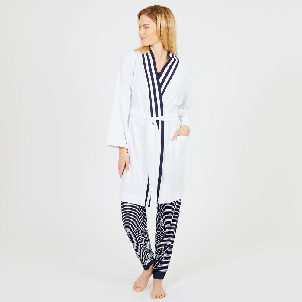 Striped Trim Cotton Robe,Antique White Wash,large