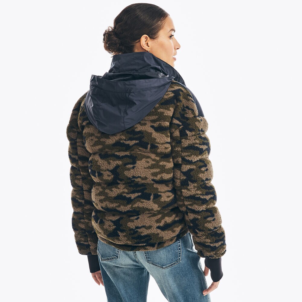 CAMOUFLAGE MIXED MEDIA FAUX SHEARLING JACKET,Navy,large