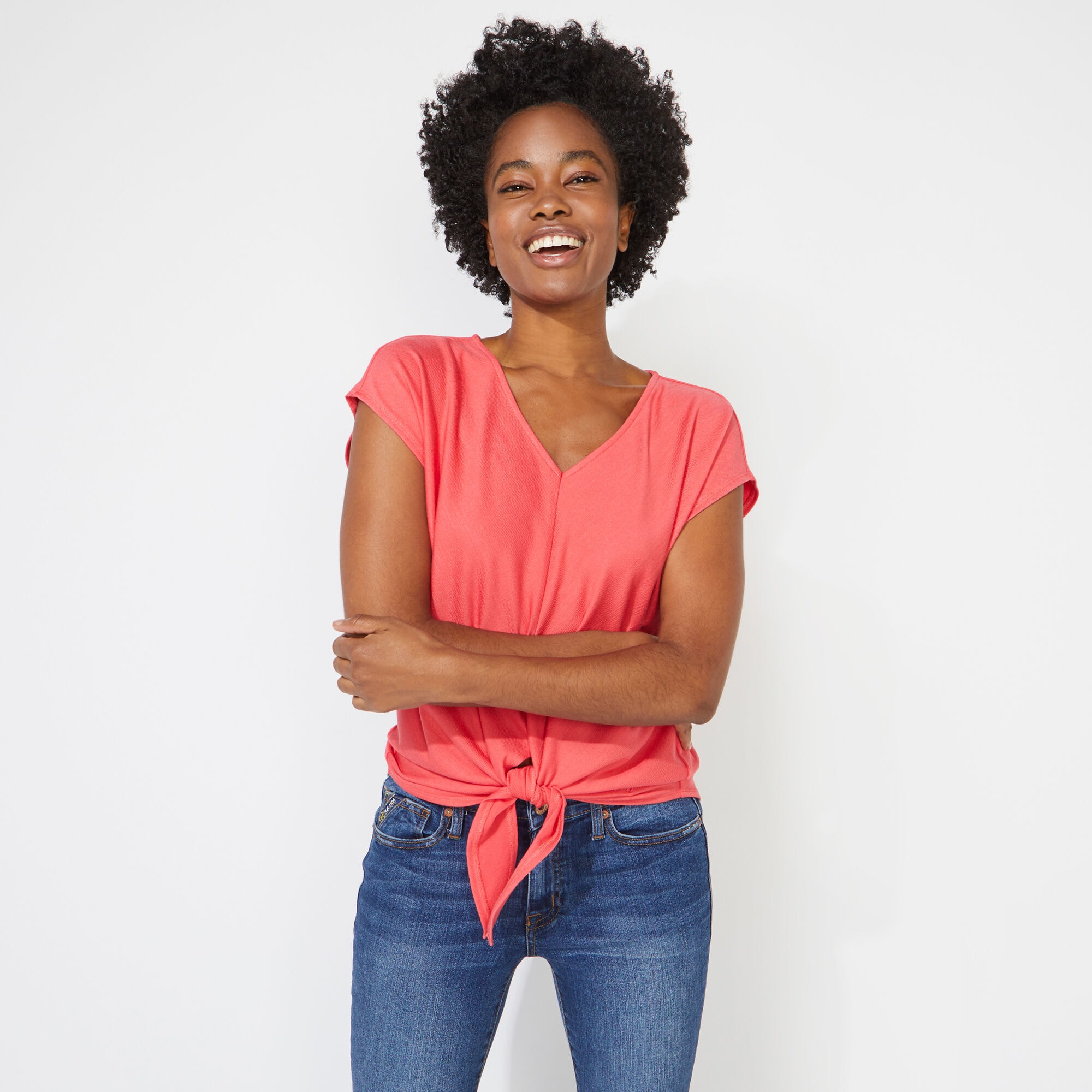 TIE-FRONT KNIT TOP,Persian Red,large