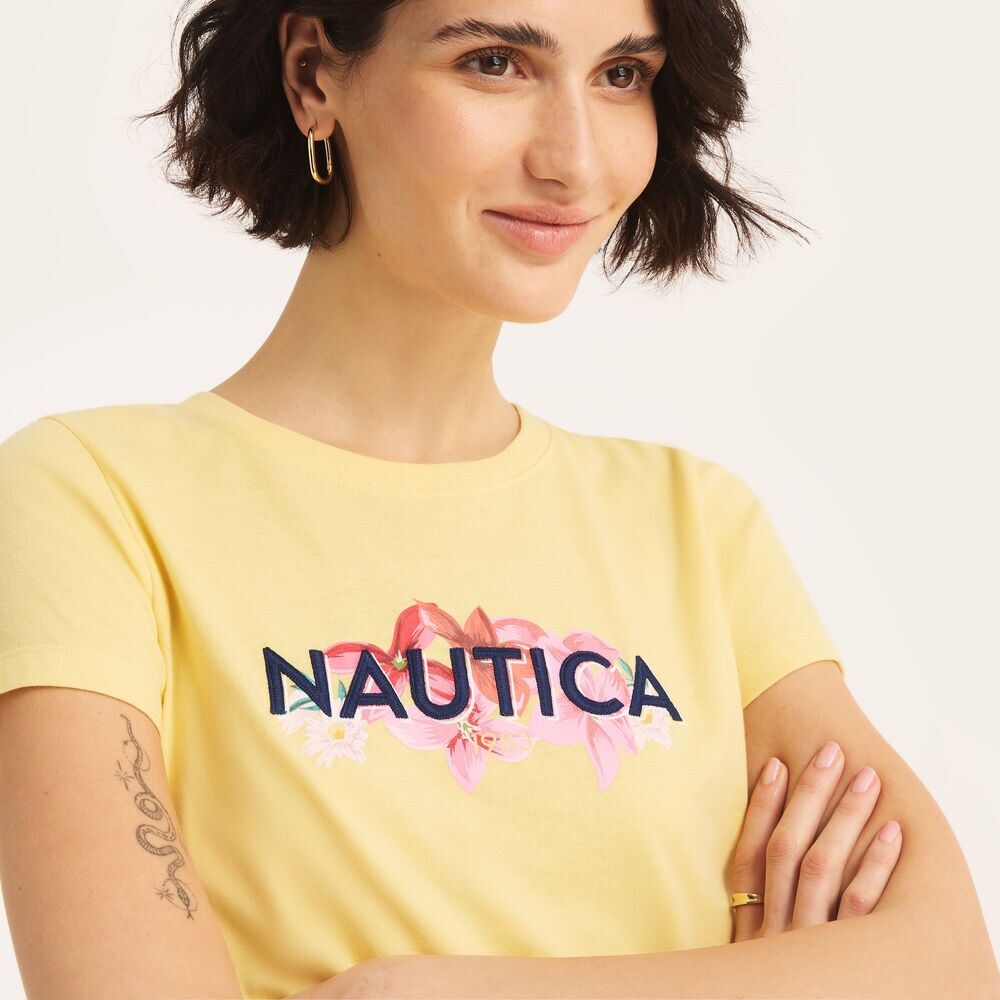 Sustainably Crafted Embroidered Flowers Graphic T-Shirt,Sunshine,large