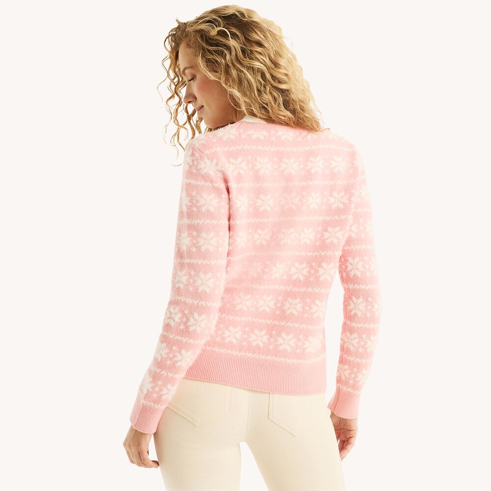 Snowflake Print Crewneck Sweater,Oxford Pink,large