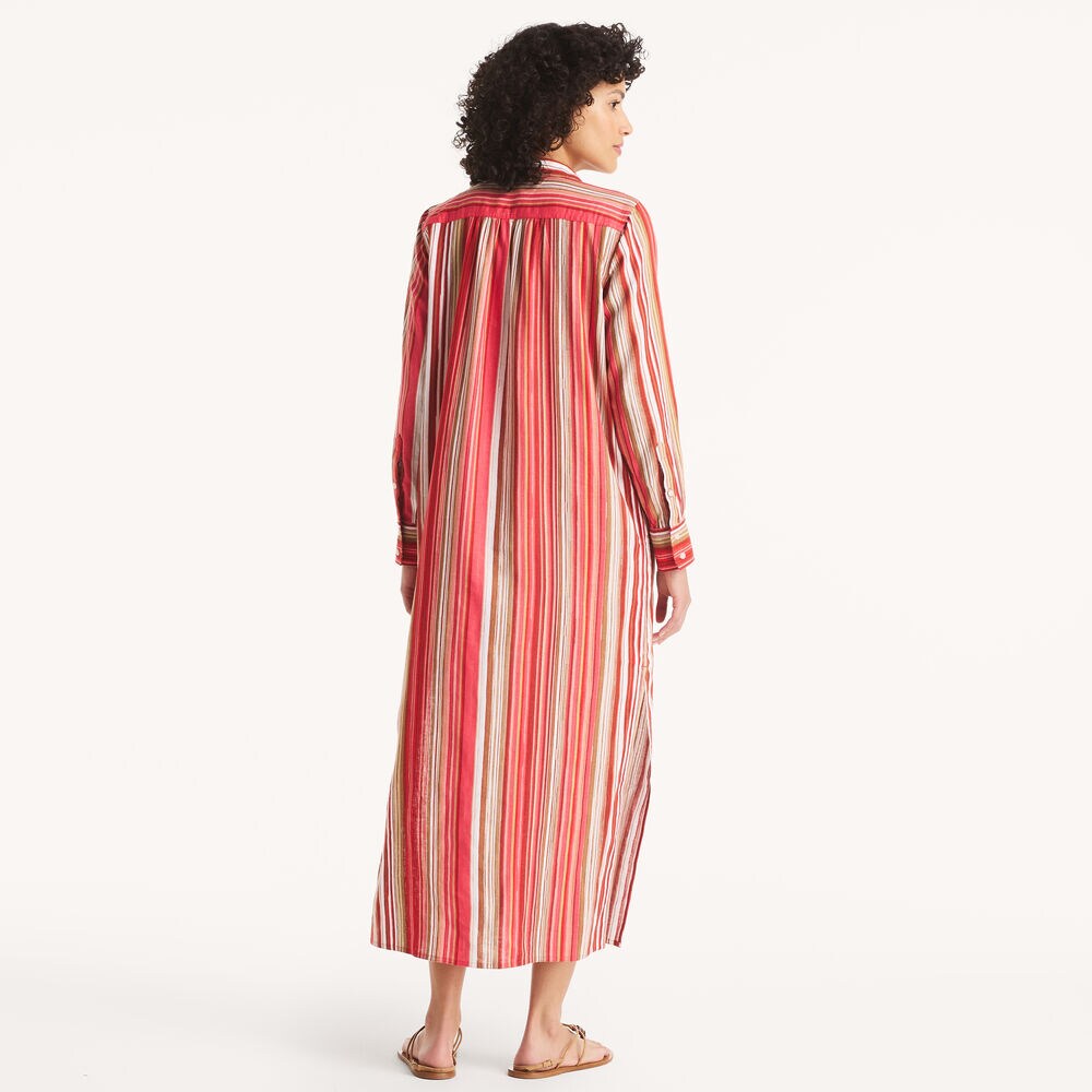Striped Caftan Linen Dress,Pomegranate,large