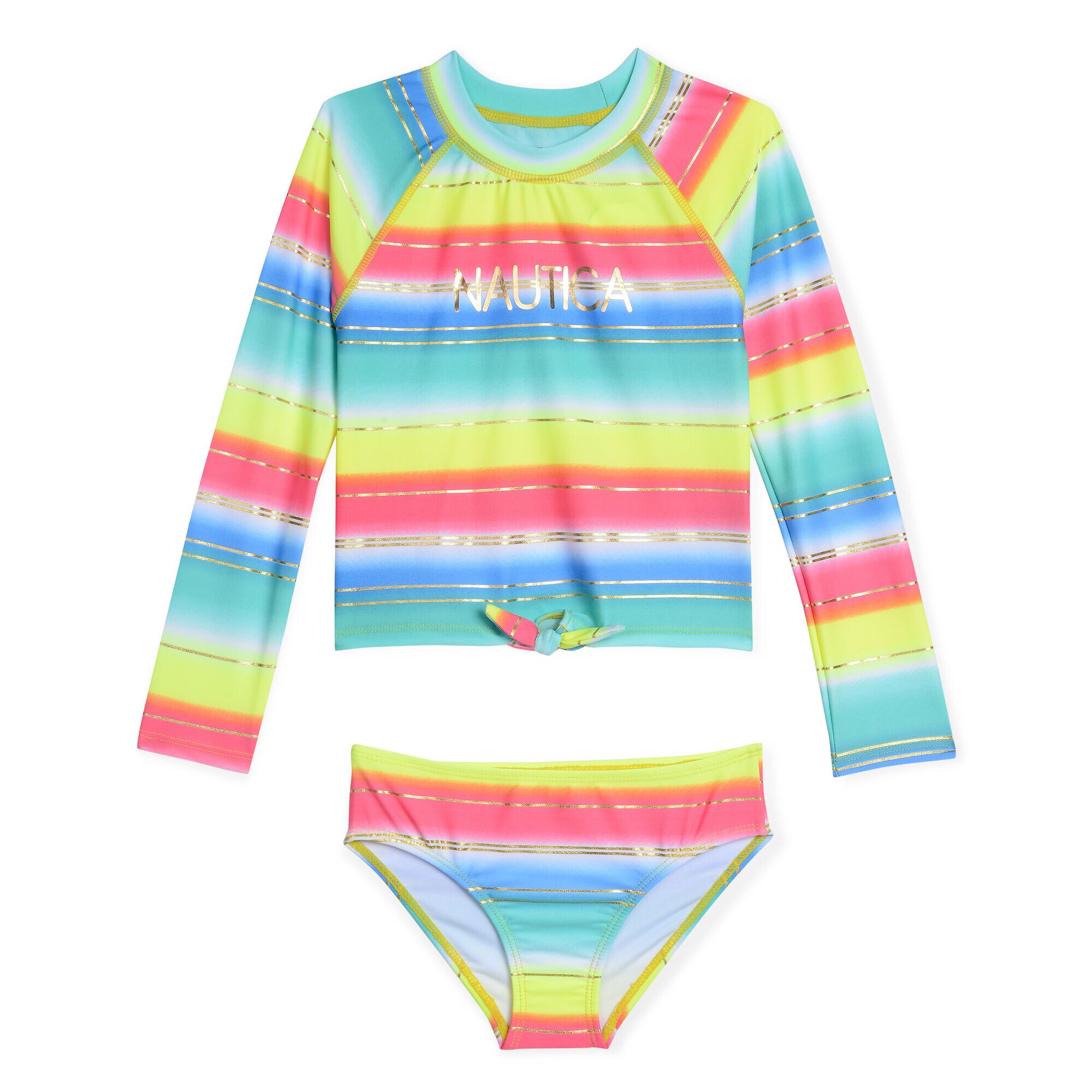 Girls' Rashguard Two-Piece Swimsuit in Multistripe,Butternut,large