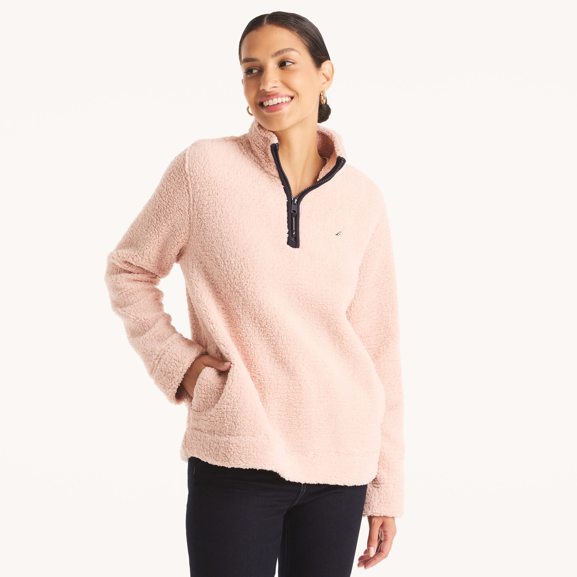 Quarter-Zip Faux Shearling Pullover,Bow Burgundy,large
