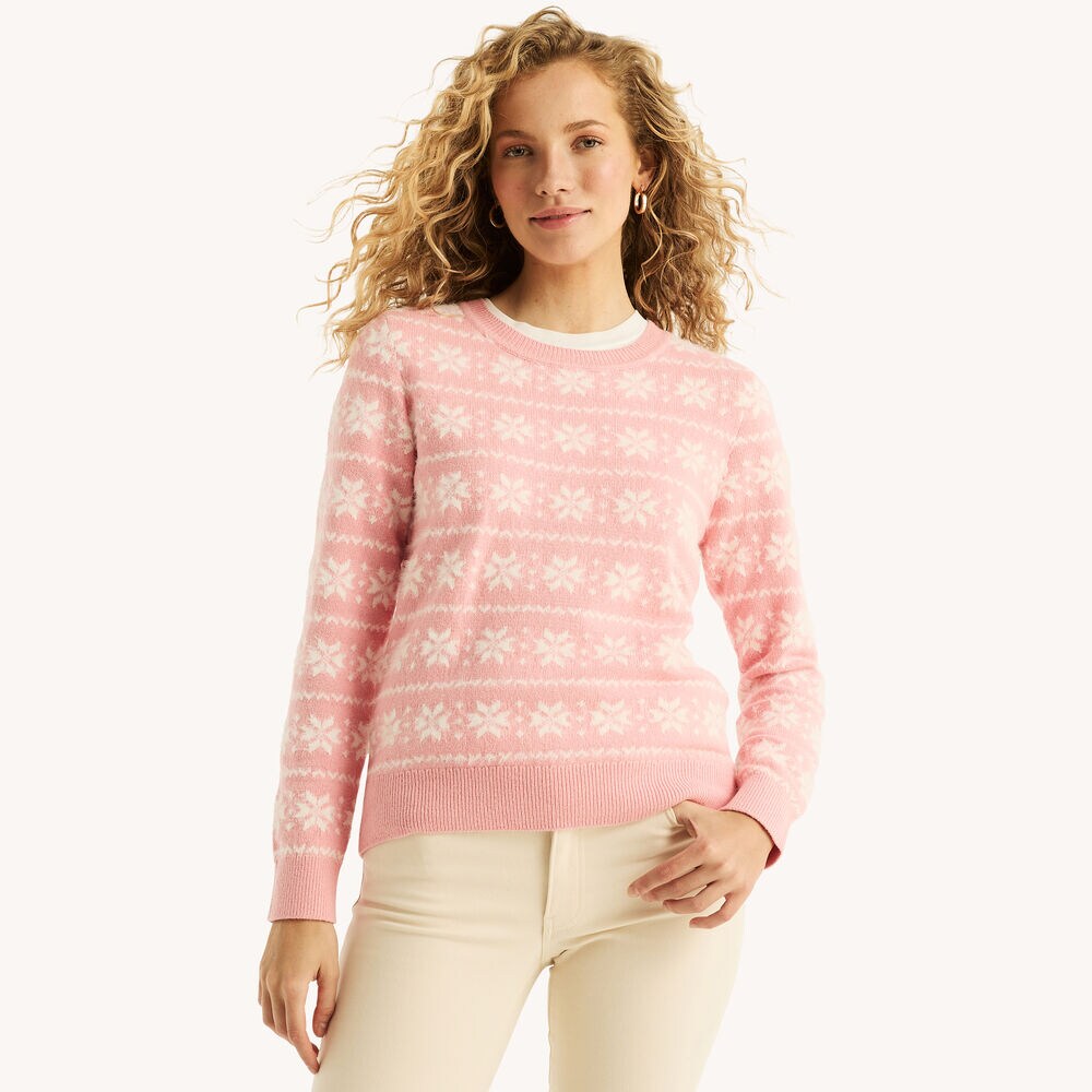 Snowflake Print Crewneck Sweater,Oxford Pink,large