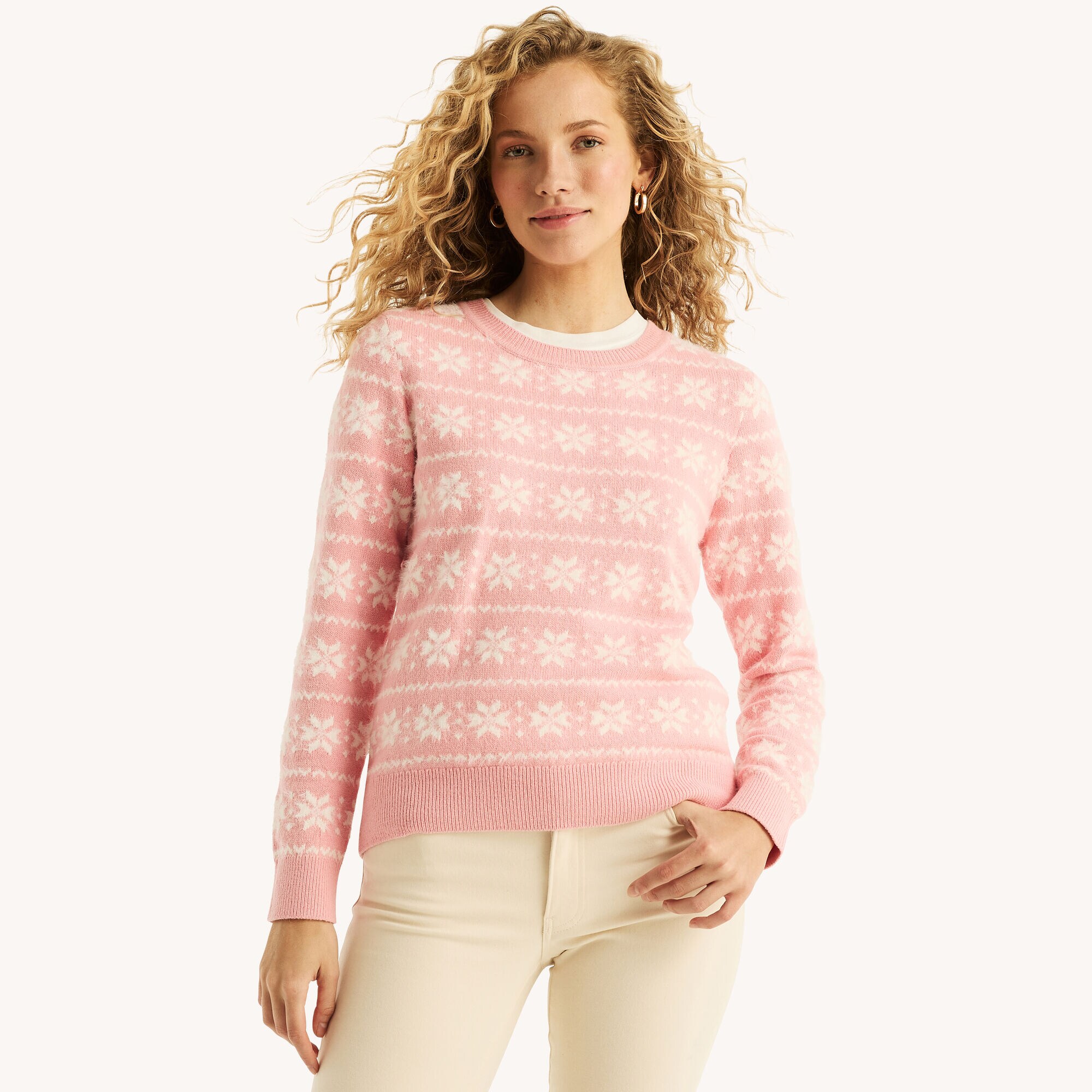 Snowflake Print Crewneck Sweater,Oxford Pink,large