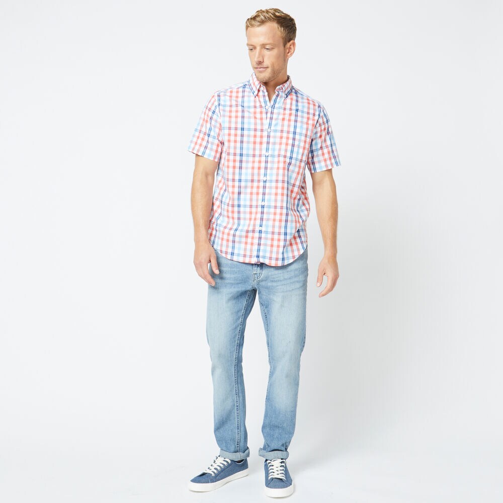  SHORT SLEEVE MULTICOLOR PLAID SHIRT,Coral Dream,large