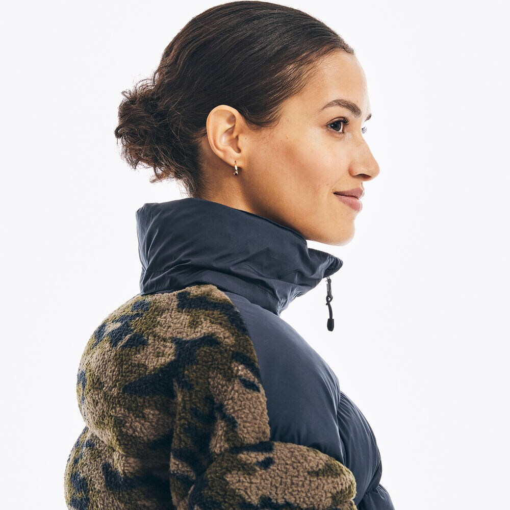 CAMOUFLAGE MIXED MEDIA FAUX SHEARLING JACKET,Navy,large