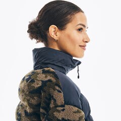 CAMOUFLAGE MIXED MEDIA FAUX SHEARLING JACKET,Navy,large