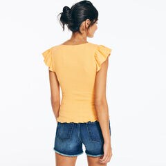 Smocked Flutter-Sleeve Top,Fire Orange,large