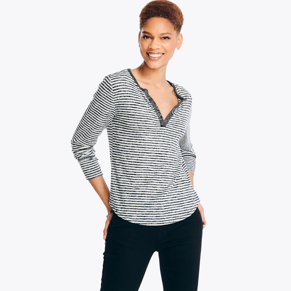 Notch-Neck Striped Long-Sleeve Top,True Black,large