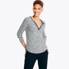 Notch-Neck Striped Long-Sleeve Top,True Black,large