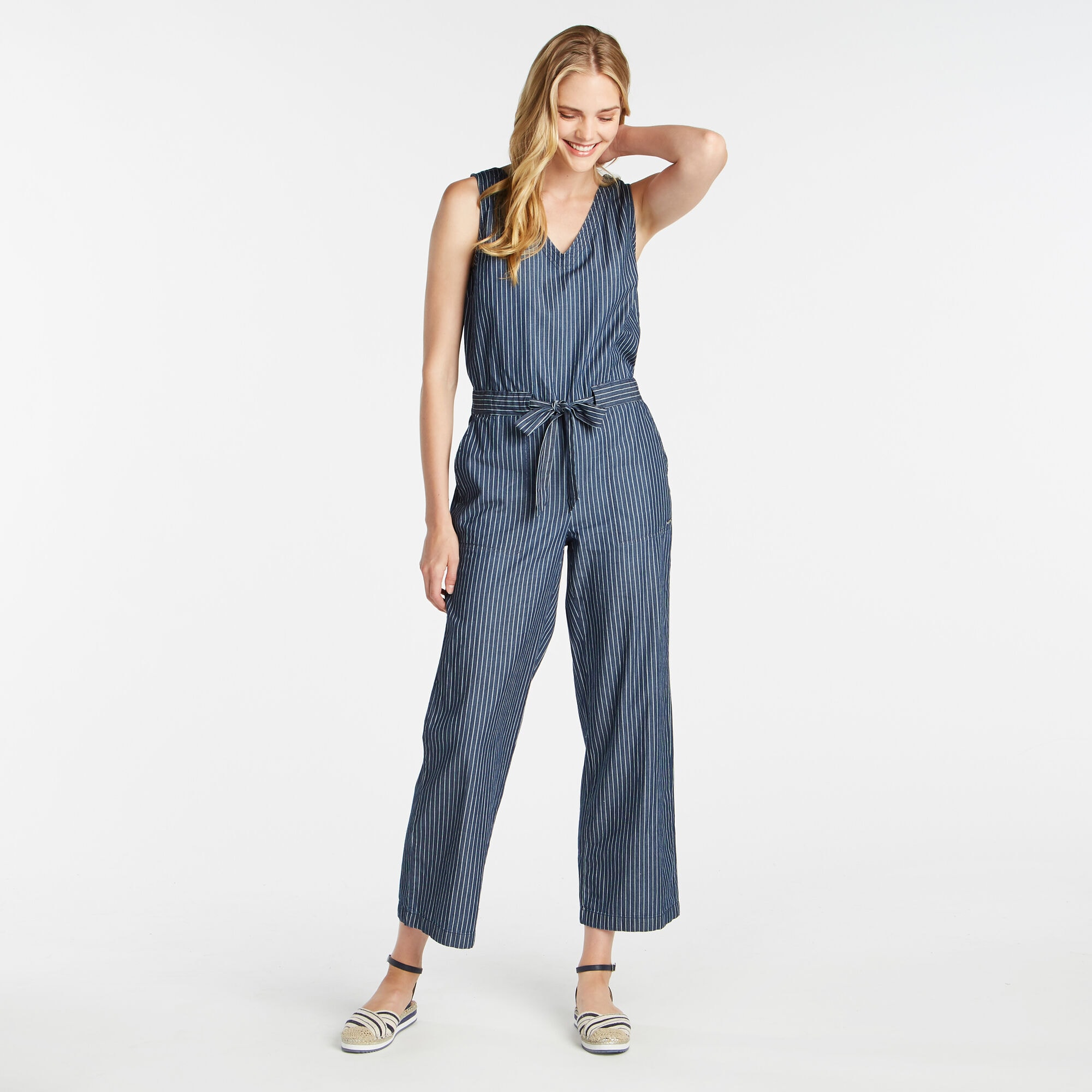 TWILL STRIPE CROPPED WIDE LEG BELTED JUMPSUIT,Admiral Blue,large