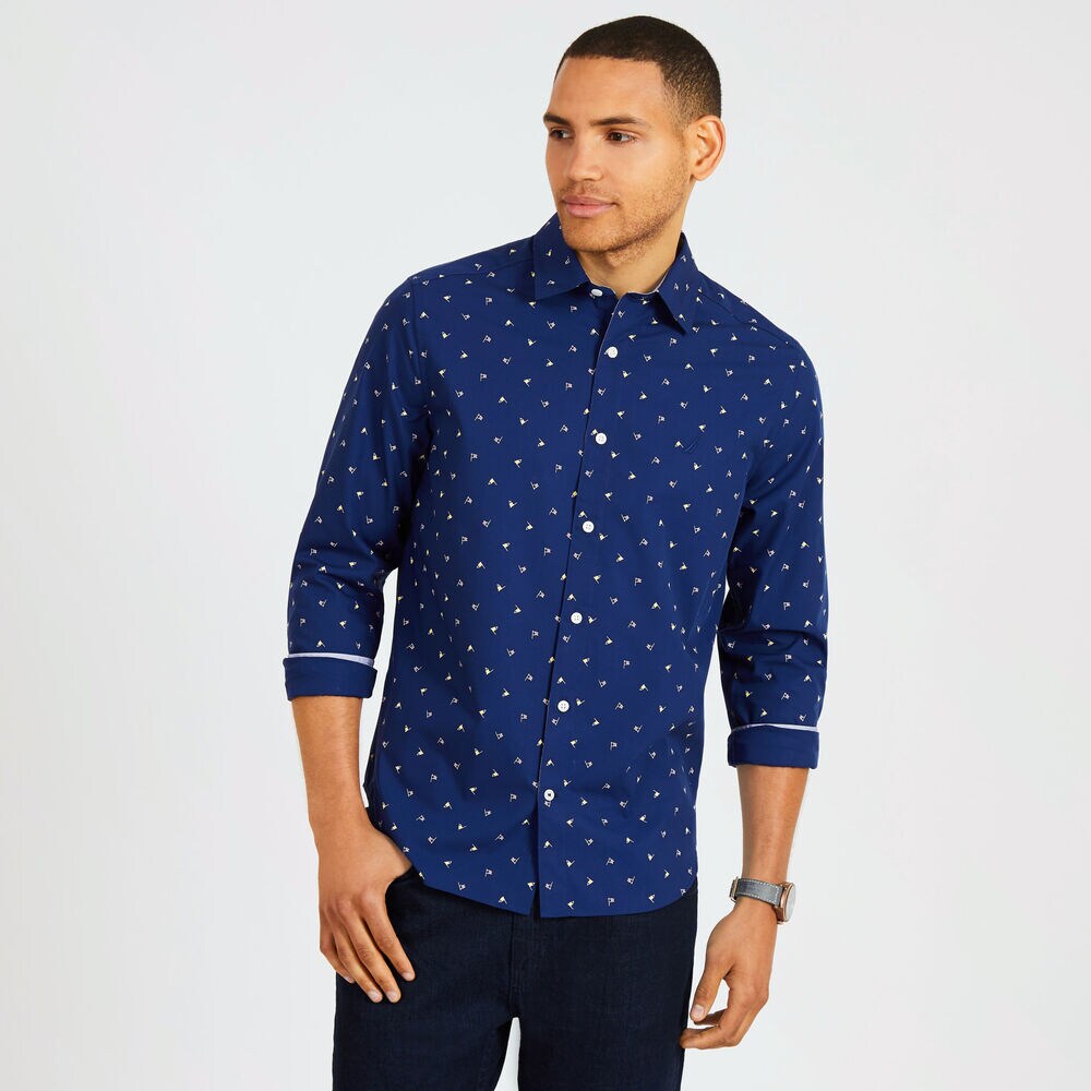 Long Sleeve Classic Fit Flag Wrinkle-Resistant Shirt,J Navy,large