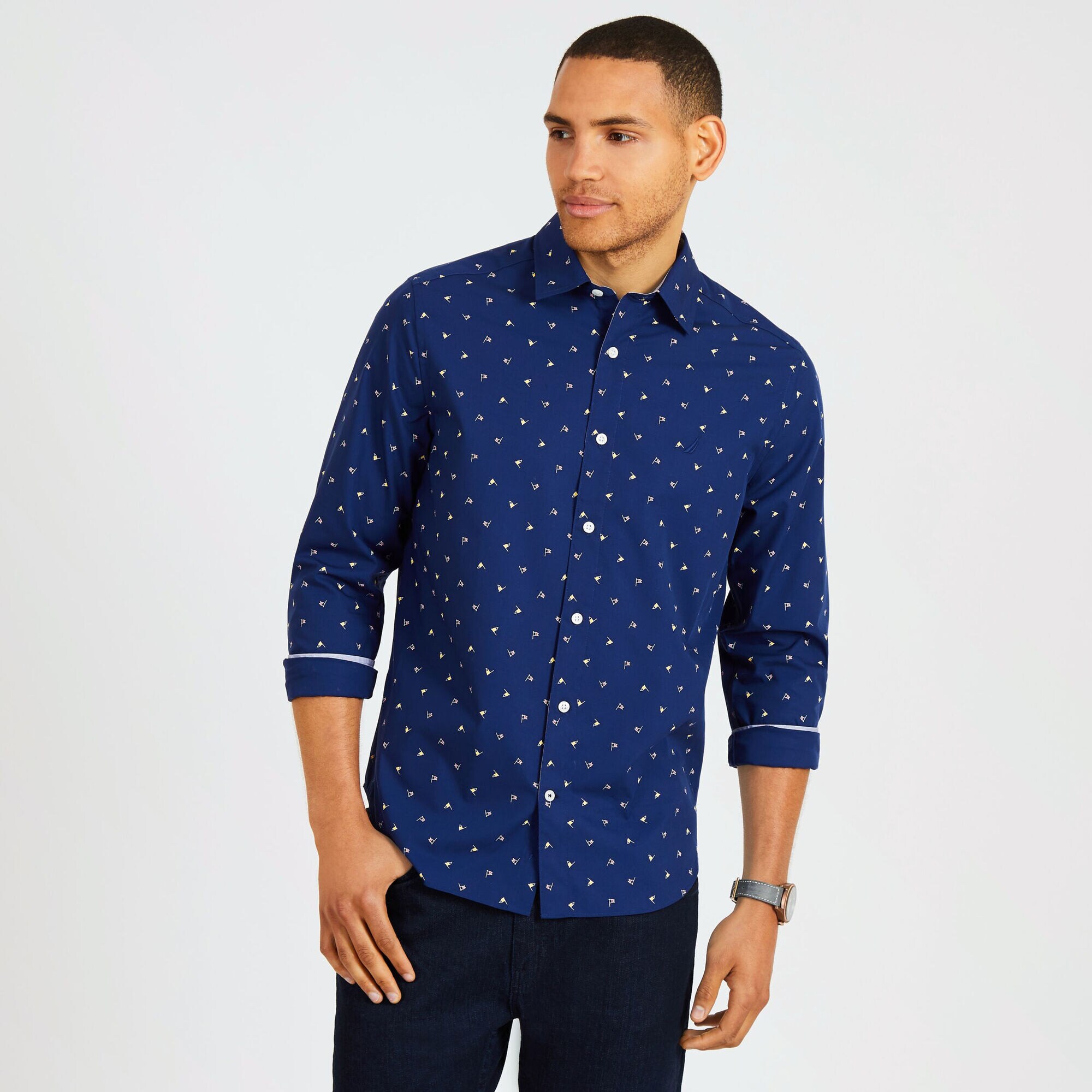 Long Sleeve Classic Fit Flag Wrinkle-Resistant Shirt,J Navy,large