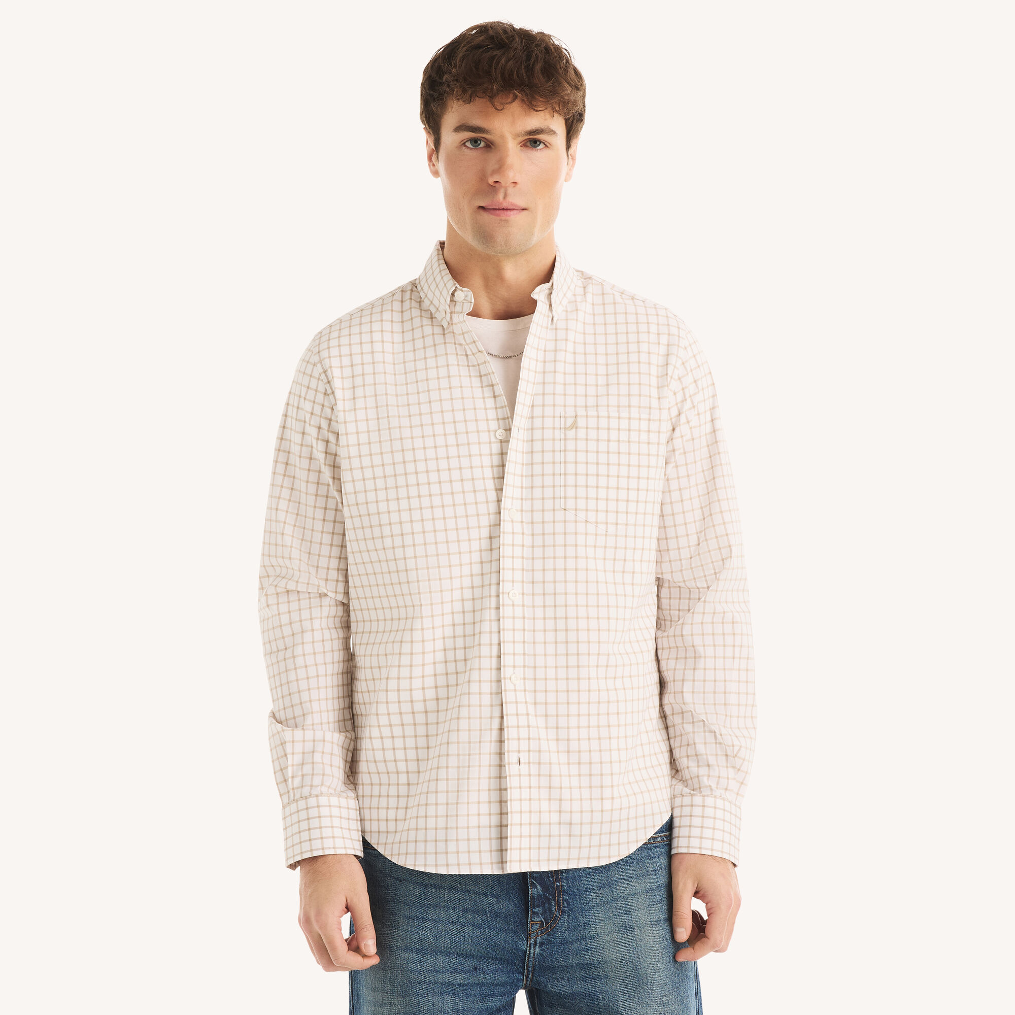 Classic Fit Wrinkle-Resistant Plaid Shirt,Pale Taupe,large