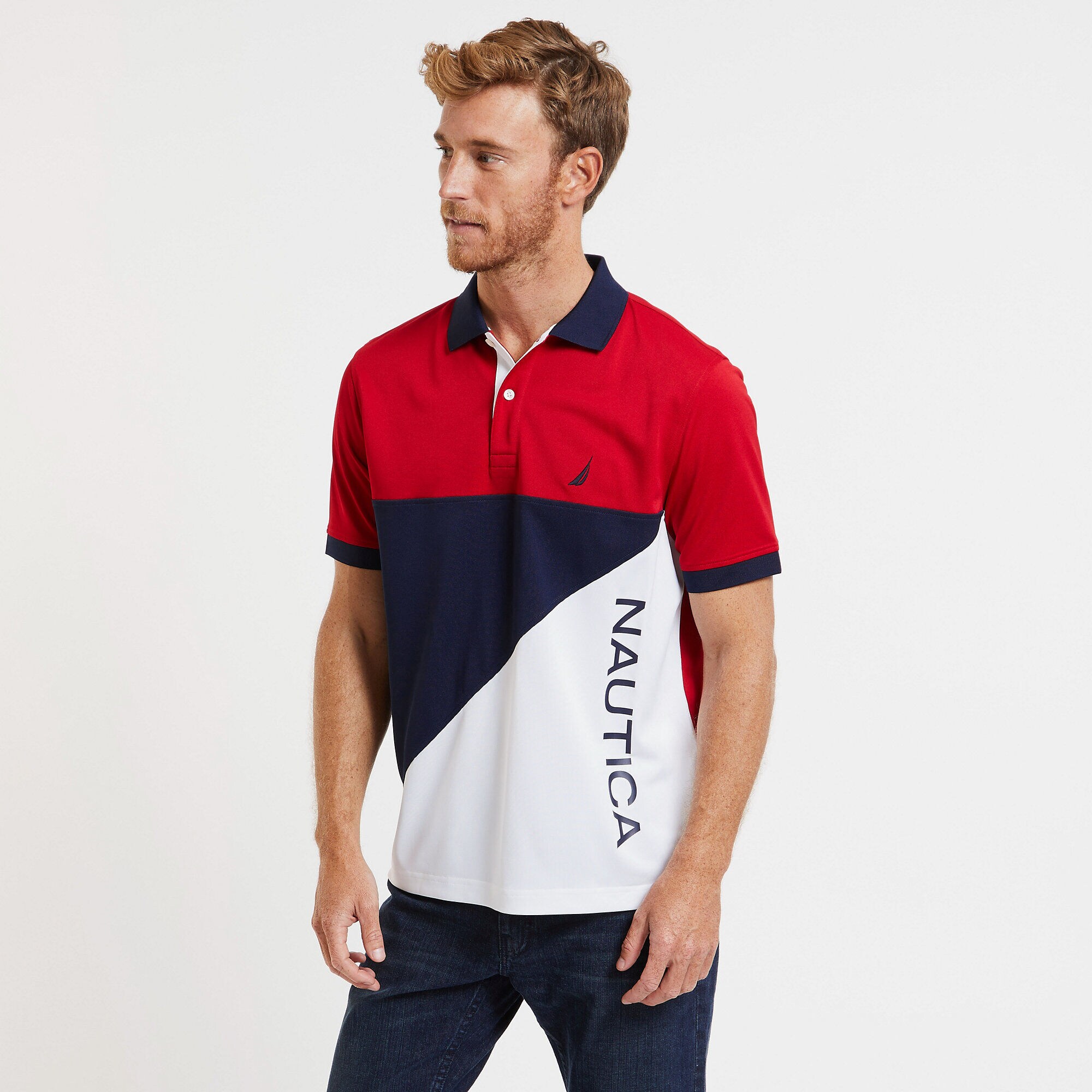 SHORT SLEEVE COLOR BLOCK PERFORMANCE POLO IN CLASSIC FIT,Bright White,large
